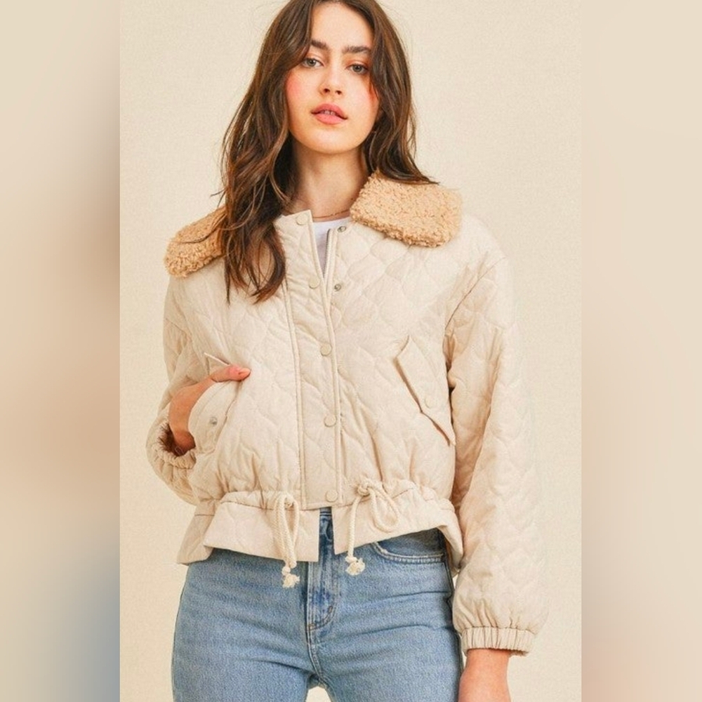 Bohme Cream Quilted Jacket Sherpa Collar Lightweight Transitional Spring Fall